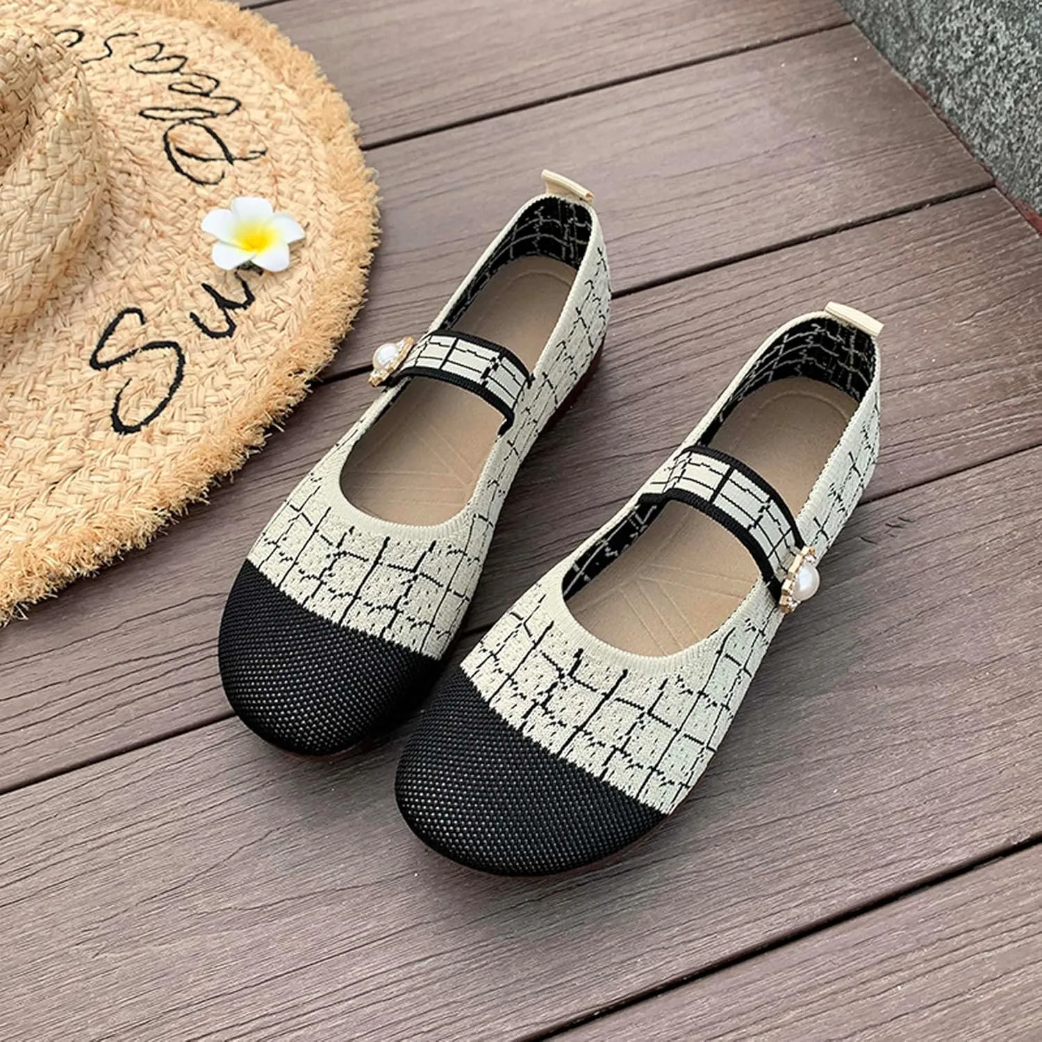 Women's Round Toe Comfortable Casual Shoes Lightweight Breathable Mesh Shoes Dresses Party Shallow Mouth Shoes Ballet Shoes Sandals Black