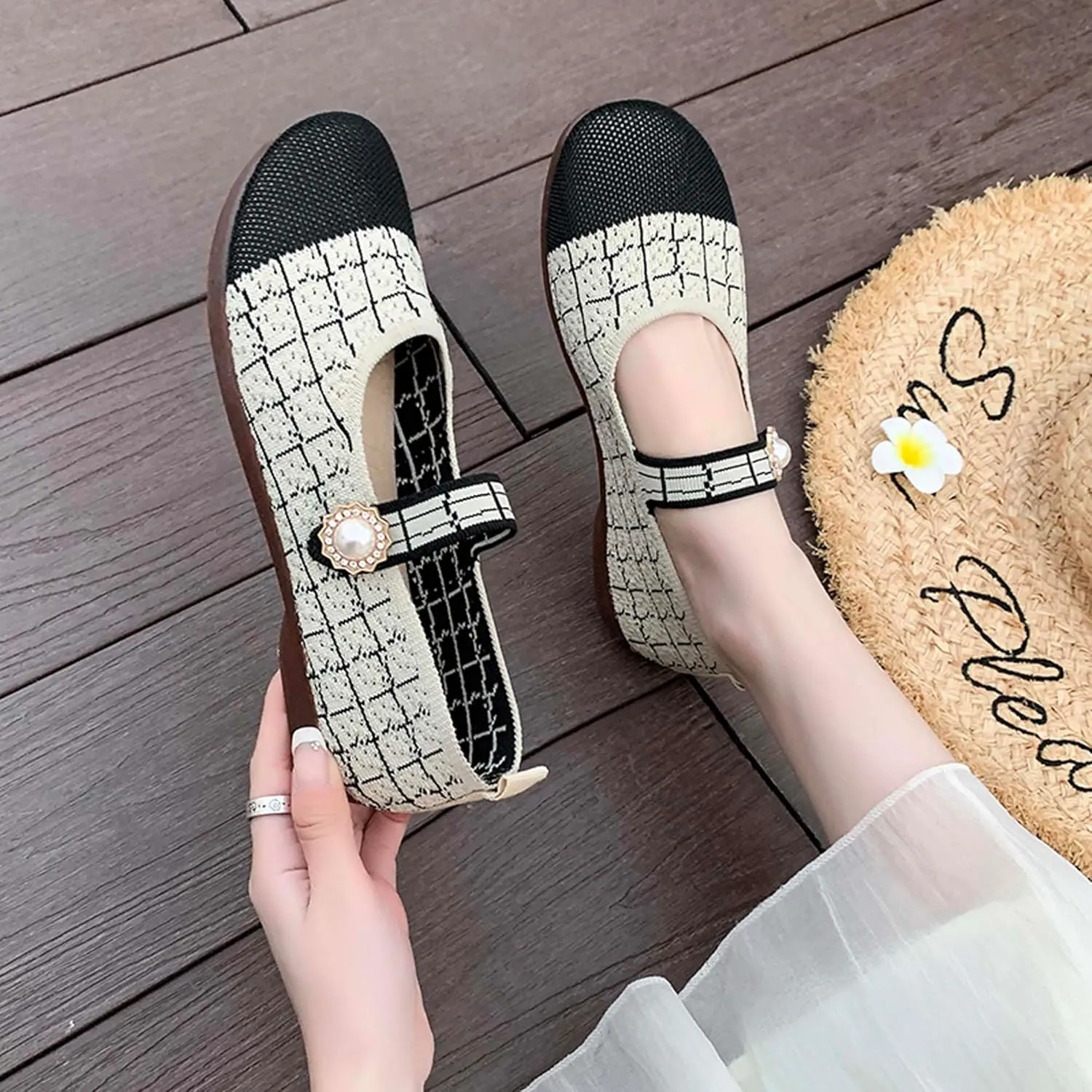 Women's Round Toe Comfortable Casual Shoes Lightweight Breathable Mesh Shoes Dresses Party Shallow Mouth Shoes Ballet Shoes Sandals Black