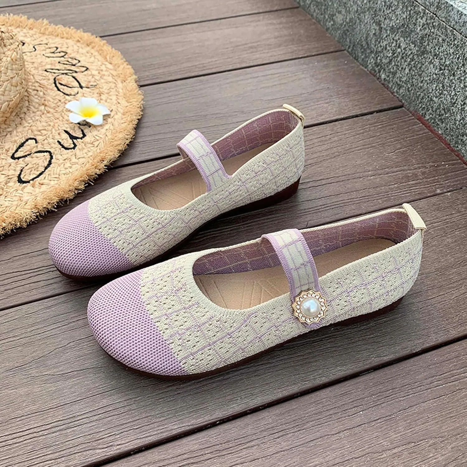 Women's Round Toe Comfortable Casual Shoes Lightweight Breathable Mesh Shoes Dresses Party Shallow Mouth Shoes Ballet Shoes Sandals Black
