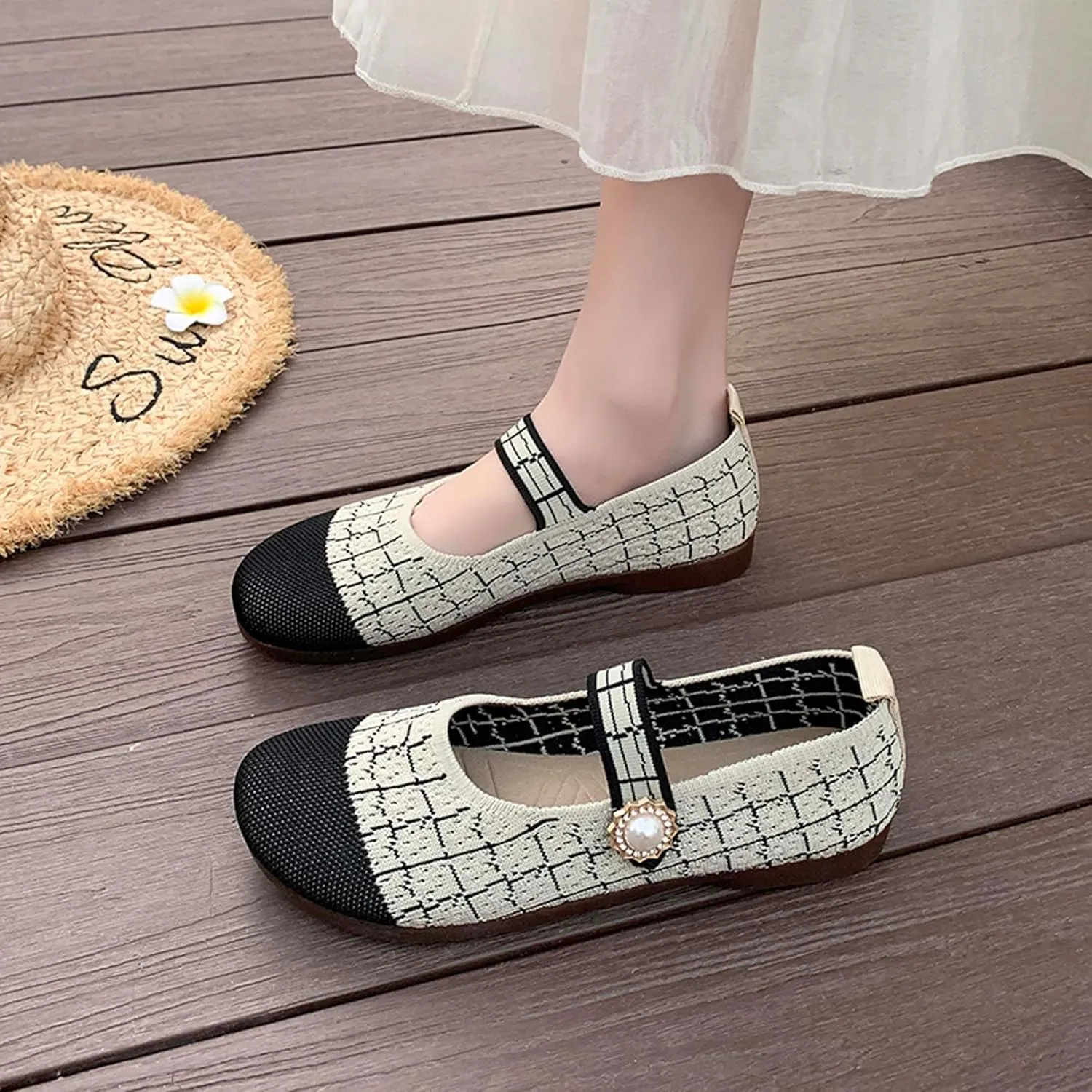 Women's Round Toe Comfortable Casual Shoes Lightweight Breathable Mesh Shoes Dresses Party Shallow Mouth Shoes Ballet Shoes Sandals Black