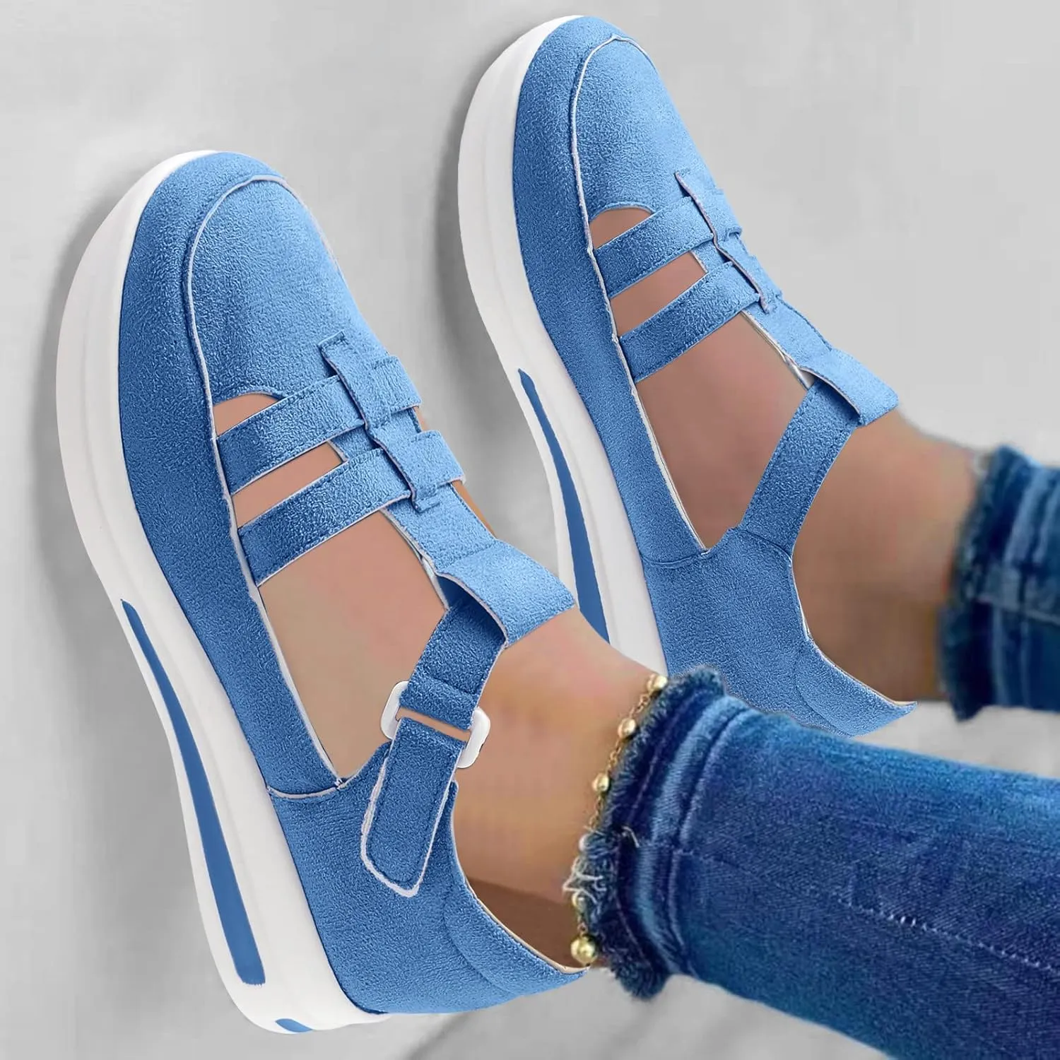 Womens Running Shoes Hollowed Out Flock Hook Loop Shoes Casual Thick Sole Shoes Arch Support Walking Shoes