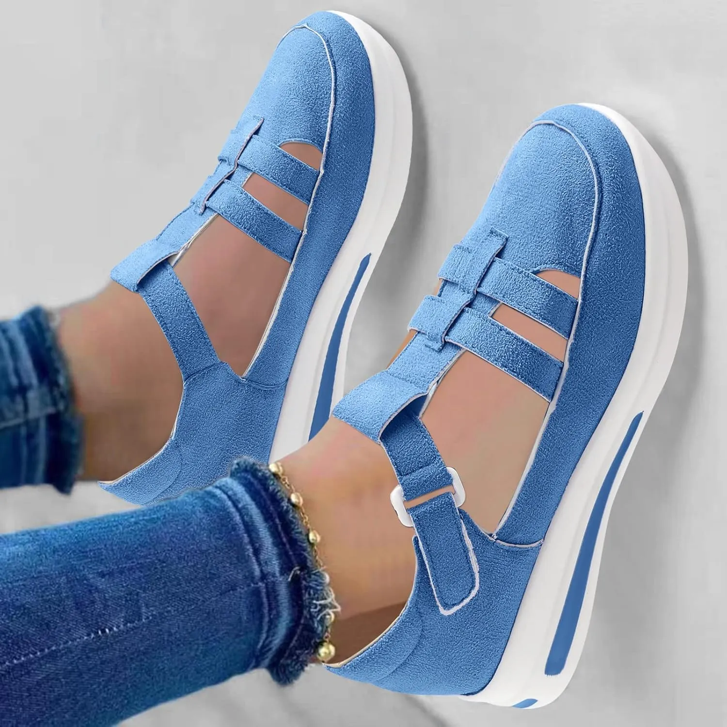 Womens Running Shoes Hollowed Out Flock Hook Loop Shoes Casual Thick Sole Shoes Arch Support Walking Shoes