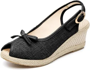 Womens Wedge Sandals Espadrilles Buckle Strap Open Toe Platform Espadrille Slingback High Heels Canvas Bow Dress Sandals Slip On Casual Summer Slides Shoes