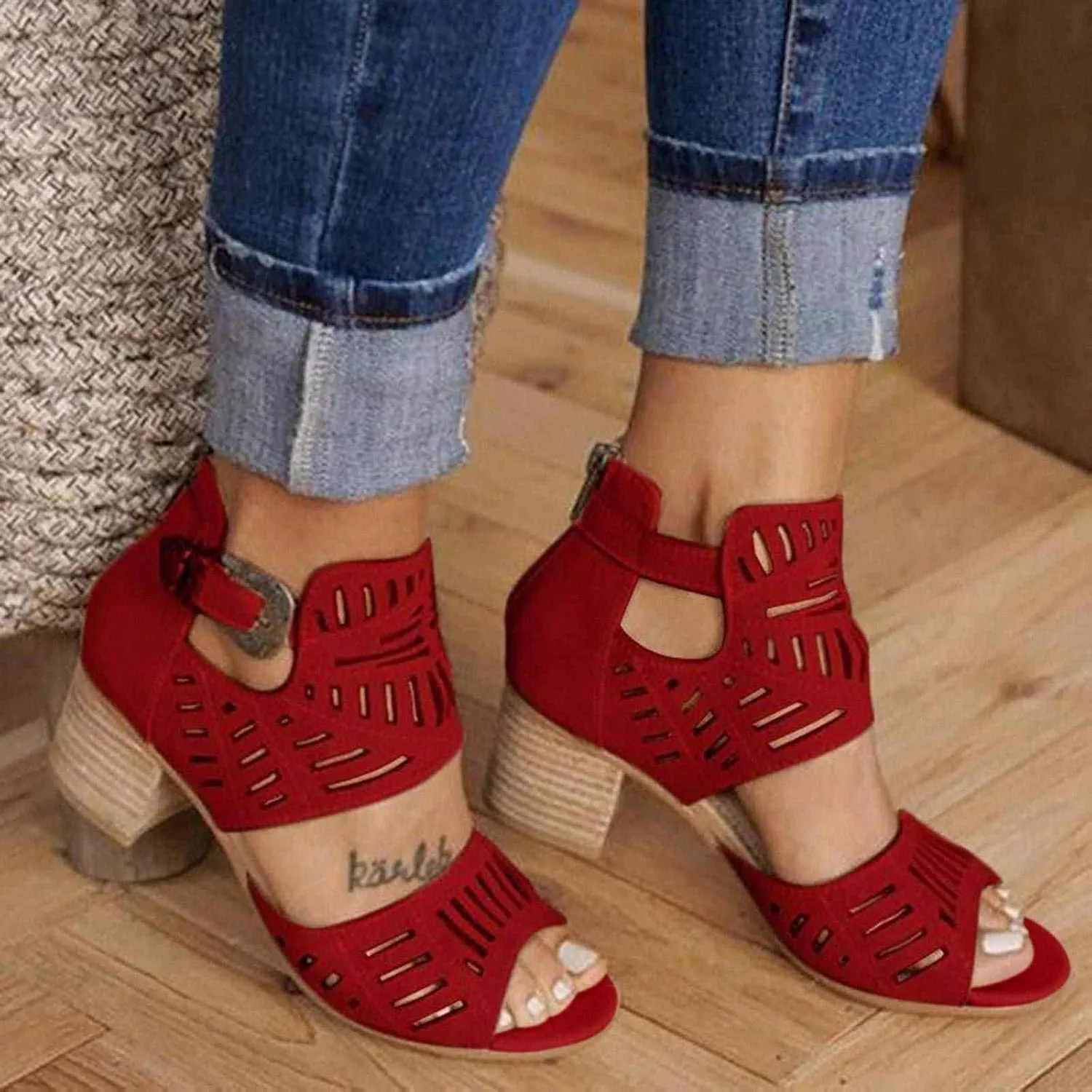 ZBYY Women's Peep Toe Sandals Summer Double Buckle Cutout Side Strap Sandals Chunky Block Low Heel Ankle Strap Sandals