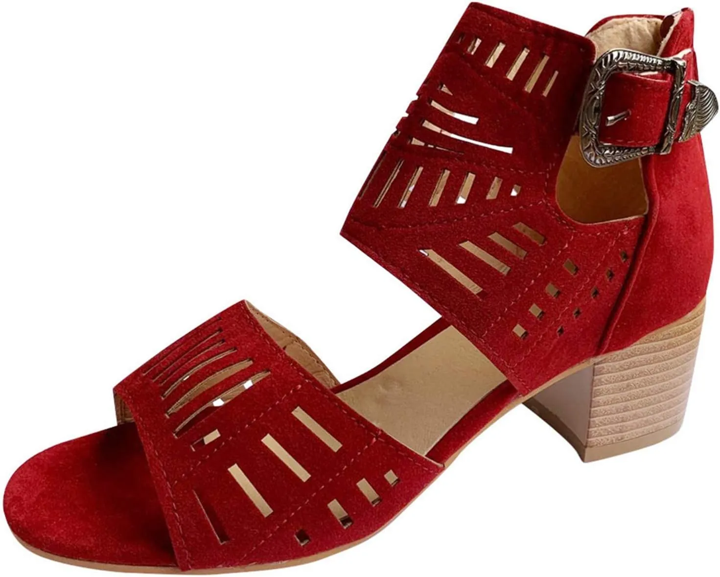 ZBYY Women's Peep Toe Sandals Summer Double Buckle Cutout Side Strap Sandals Chunky Block Low Heel Ankle Strap Sandals