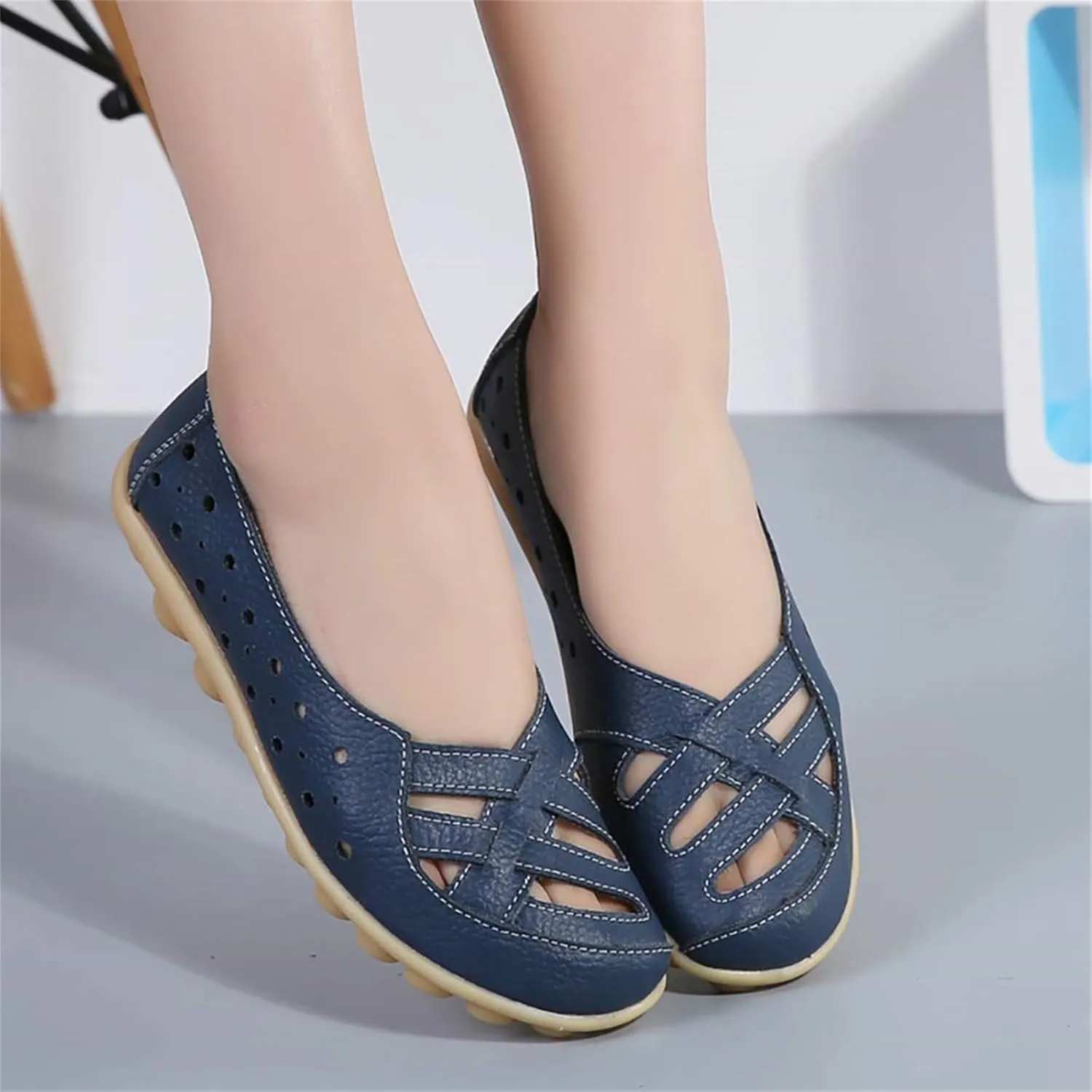 ZWRXW Women's Ballet Flat Shoes Pu Leather Comfortable Round Toe Slip On Flats Comfort Soft Non Slip Low Wedge Summer Dressy Dress Work Walking Flats Shoes with Breathable Eyelets