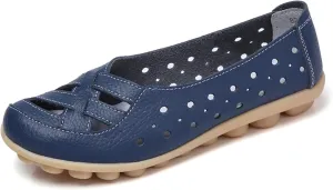 ZWRXW Women's Ballet Flat Shoes Pu Leather Comfortable Round Toe Slip On Flats Comfort Soft Non Slip Low Wedge Summer Dressy Dress Work Walking Flats Shoes with Breathable Eyelets